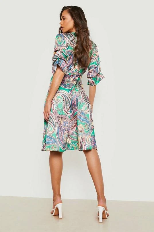 BOOHOO Paisley Belted Puff Sleeve Midi Dress 2 BOOHOO Paisley Belted Puff Sleeve Midi Dress - Image 2