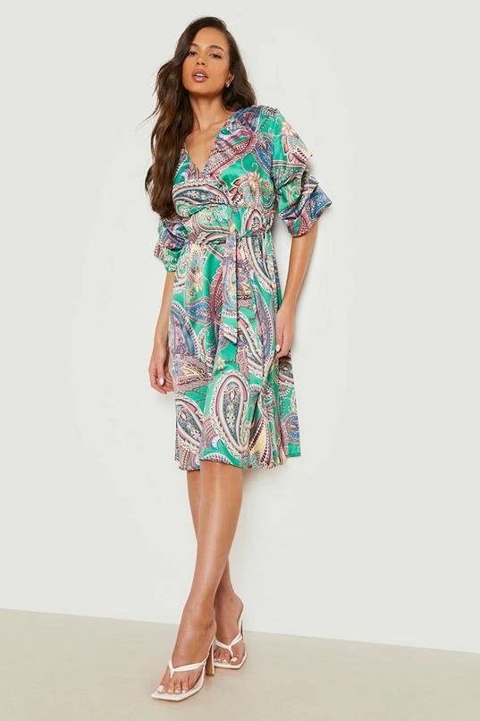 BOOHOO Paisley Belted Puff Sleeve Midi Dress 3 BOOHOO Paisley Belted Puff Sleeve Midi Dress - Image 3