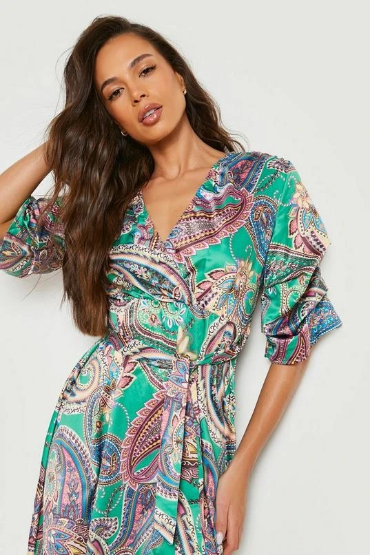 BOOHOO Paisley Belted Puff Sleeve Midi Dress 4 BOOHOO Paisley Belted Puff Sleeve Midi Dress - Image 4