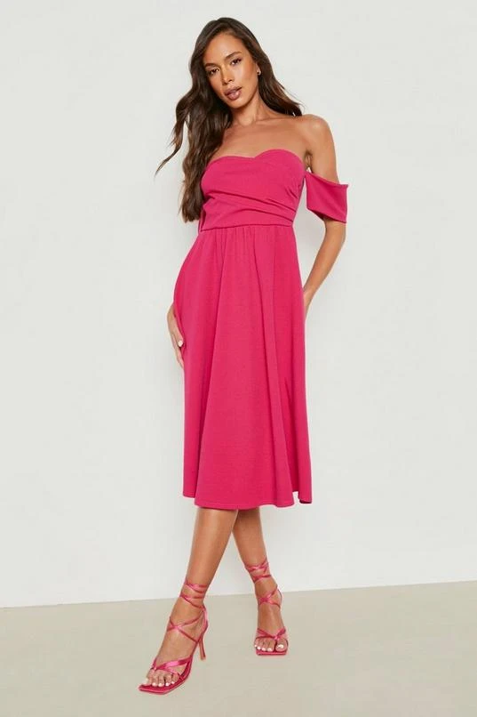 BOOHOO Off The Shoulder Pleat Detail Midi Skater Dress 1 BOOHOO Off The Shoulder Pleat Detail Midi Skater Dress