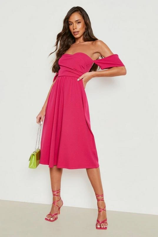 BOOHOO Off The Shoulder Pleat Detail Midi Skater Dress 3 BOOHOO Off The Shoulder Pleat Detail Midi Skater Dress - Image 3