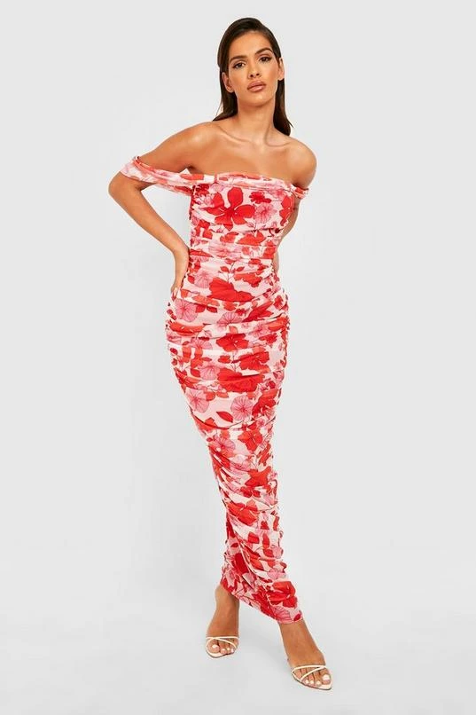 BOOHOO Floral Ruched Mesh Off The Shoulder Maxi Dress 1 BOOHOO Floral Ruched Mesh Off The Shoulder Maxi Dress