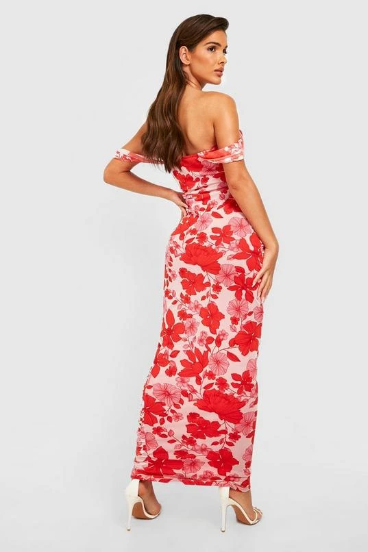 BOOHOO Floral Ruched Mesh Off The Shoulder Maxi Dress 2 BOOHOO Floral Ruched Mesh Off The Shoulder Maxi Dress - Image 2