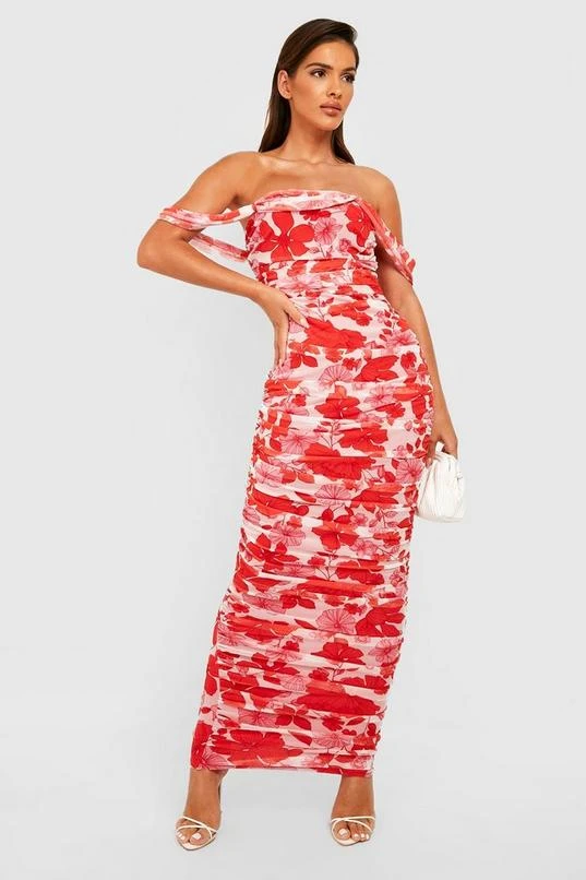 BOOHOO Floral Ruched Mesh Off The Shoulder Maxi Dress 3 BOOHOO Floral Ruched Mesh Off The Shoulder Maxi Dress - Image 3