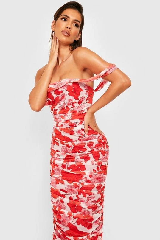 BOOHOO Floral Ruched Mesh Off The Shoulder Maxi Dress 4 BOOHOO Floral Ruched Mesh Off The Shoulder Maxi Dress - Image 4