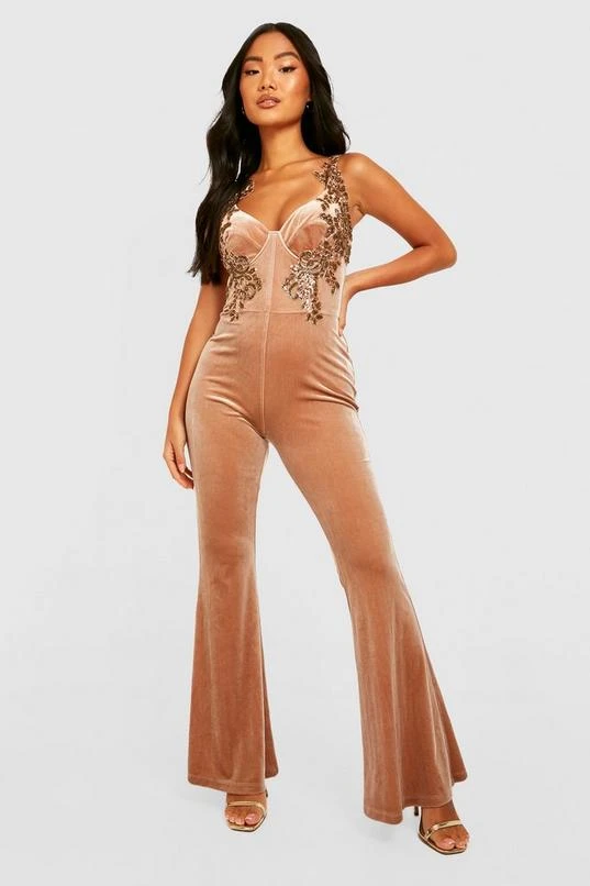 BOOHOO Petite Embellished Velvet Flare Jumpsuit 1 BOOHOO Petite Embellished Velvet Flare Jumpsuit