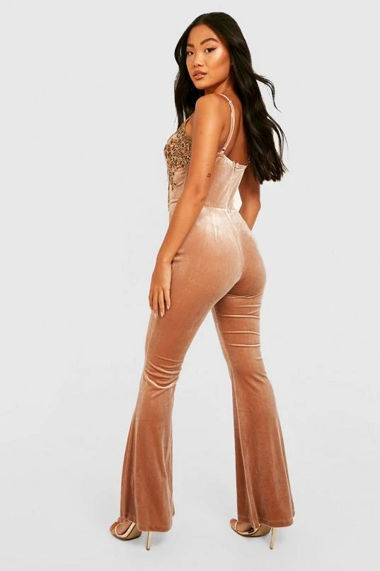 BOOHOO Petite Embellished Velvet Flare Jumpsuit 2 BOOHOO Petite Embellished Velvet Flare Jumpsuit - Image 2