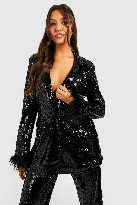 BOOHOO Sequin Feather Trim Tailored Blazer 1 BOOHOO Sequin Feather Trim Tailored Blazer