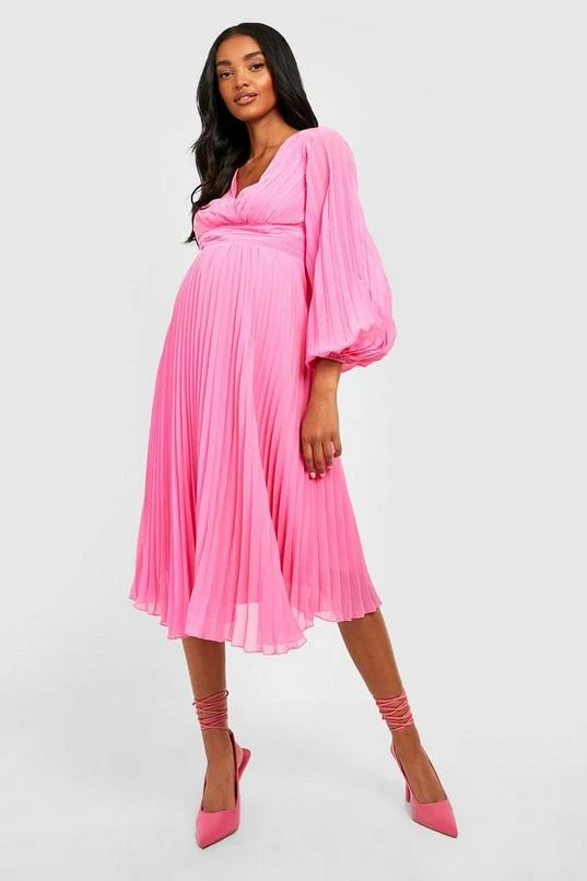 BOOHOO Maternity Pleated Puff Sleeve Midi Dress 1 BOOHOO Maternity Pleated Puff Sleeve Midi Dress
