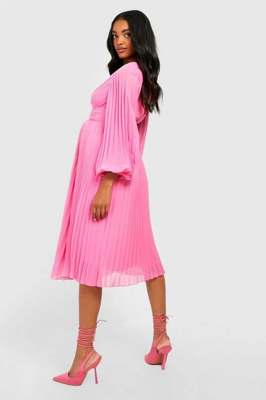 BOOHOO Maternity Pleated Puff Sleeve Midi Dress 2 BOOHOO Maternity Pleated Puff Sleeve Midi Dress - Image 2
