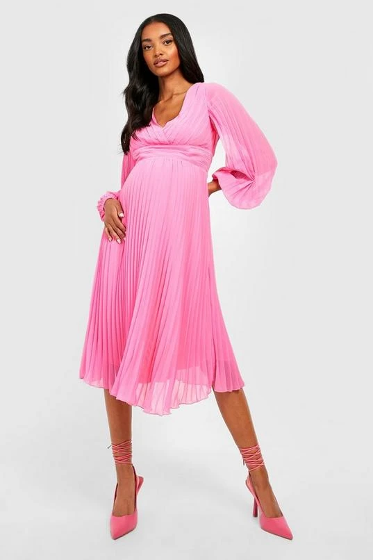 BOOHOO Maternity Pleated Puff Sleeve Midi Dress 4 BOOHOO Maternity Pleated Puff Sleeve Midi Dress - Image 4
