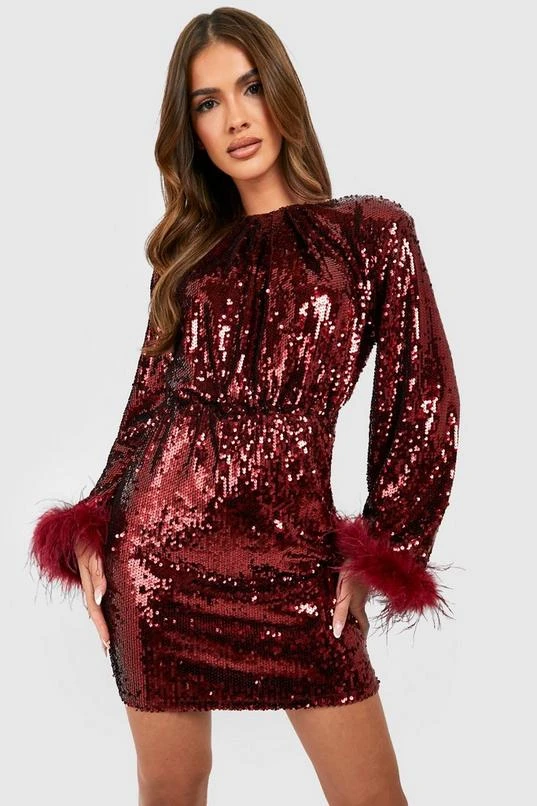 BOOHOO Sequin Feather Cuff Shift Party Dress 1 BOOHOO Sequin Feather Cuff Shift Party Dress