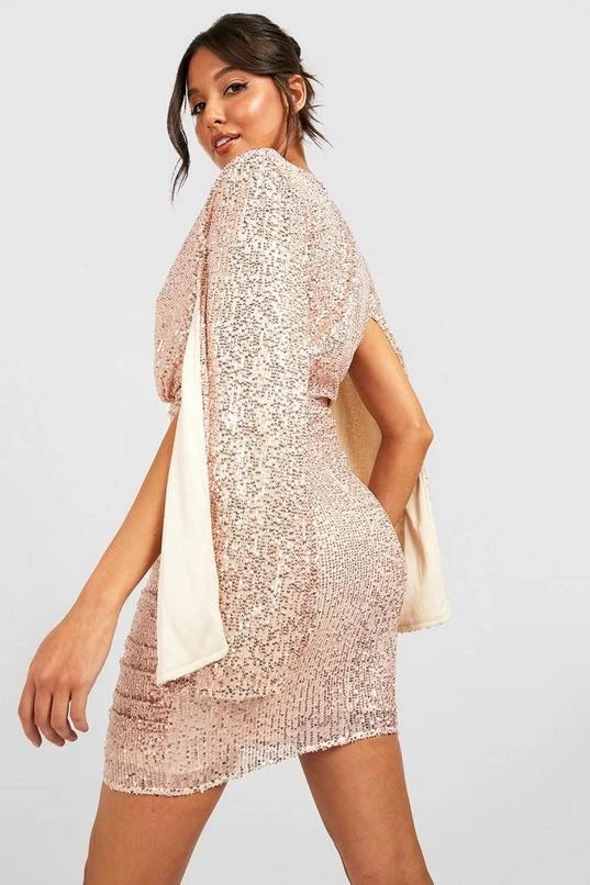 BOOHOO Sequin Cape Sleeve Plunge Mini Party Dress 2 BOOHOO Sequin Cape Sleeve Plunge Mini Party Dress - Image 2