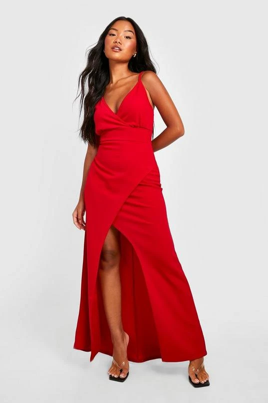 BOOHOO Petite Wrap Front Split Leg Scuba Maxi Dress 1 BOOHOO Petite Wrap Front Split Leg Scuba Maxi Dress