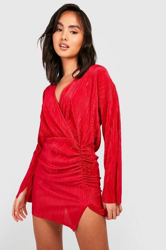 BOOHOO Plisse Wrap Front Split Detail Mini Dress 1 BOOHOO Plisse Wrap Front Split Detail Mini Dress
