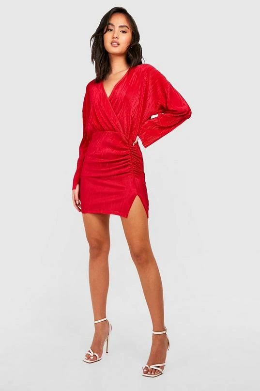 BOOHOO Plisse Wrap Front Split Detail Mini Dress 3 BOOHOO Plisse Wrap Front Split Detail Mini Dress - Image 3