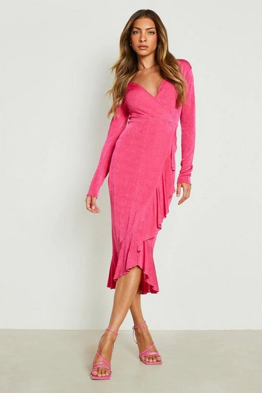 BOOHOO Acetate Slinky Ruffle Wrap Midi Dress 1 BOOHOO Acetate Slinky Ruffle Wrap Midi Dress
