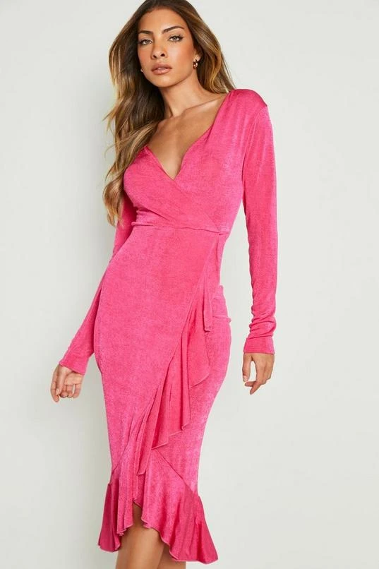 BOOHOO Acetate Slinky Ruffle Wrap Midi Dress 3 BOOHOO Acetate Slinky Ruffle Wrap Midi Dress - Image 3