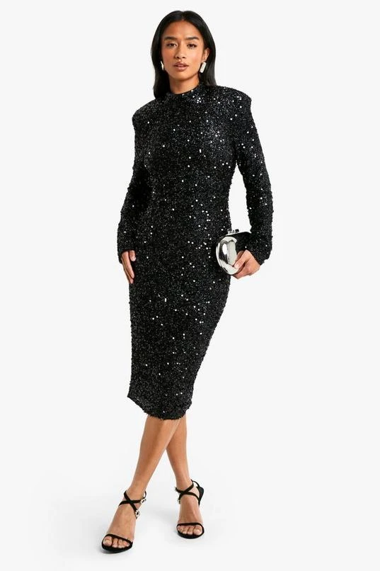 BOOHOO Petite Sequin Shoulder Pad Backless Midi Dress 1 BOOHOO Petite Sequin Shoulder Pad Backless Midi Dress