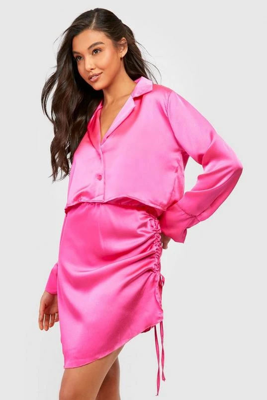 BOOHOO Satin Crop Shirt & Ruched Mini Skirt 1 BOOHOO Satin Crop Shirt & Ruched Mini Skirt