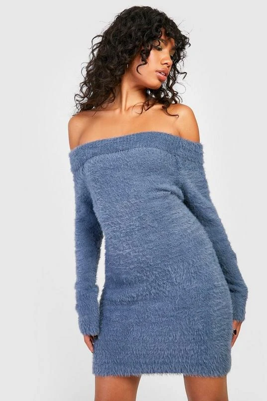 BOOHOO Off The Shoulder Fluffy Knitted Mini Dress 1 BOOHOO Off The Shoulder Fluffy Knitted Mini Dress
