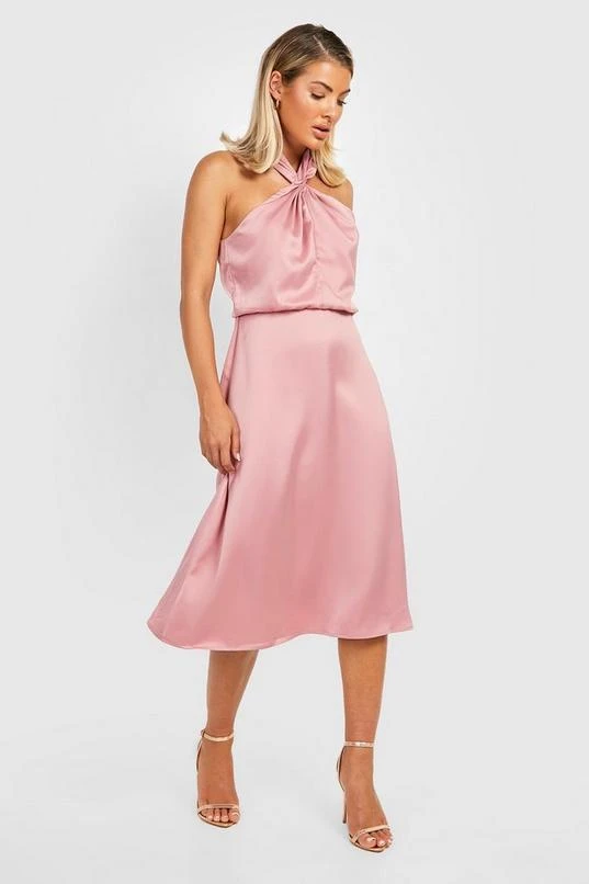 BOOHOO Satin Halter Twist Midi Bridesmaid Dress 1 BOOHOO Satin Halter Twist Midi Bridesmaid Dress
