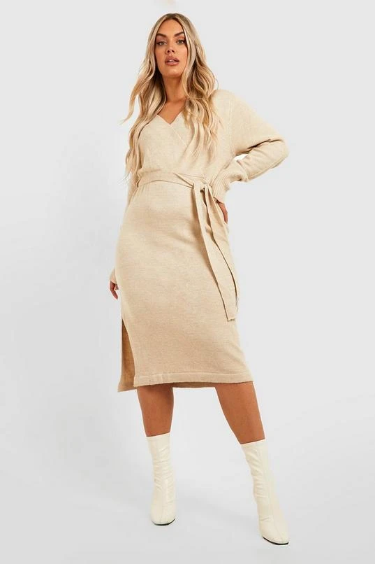 BOOHOO Plus Belted Knitted Wrap Midi Dress 1 BOOHOO Plus Belted Knitted Wrap Midi Dress