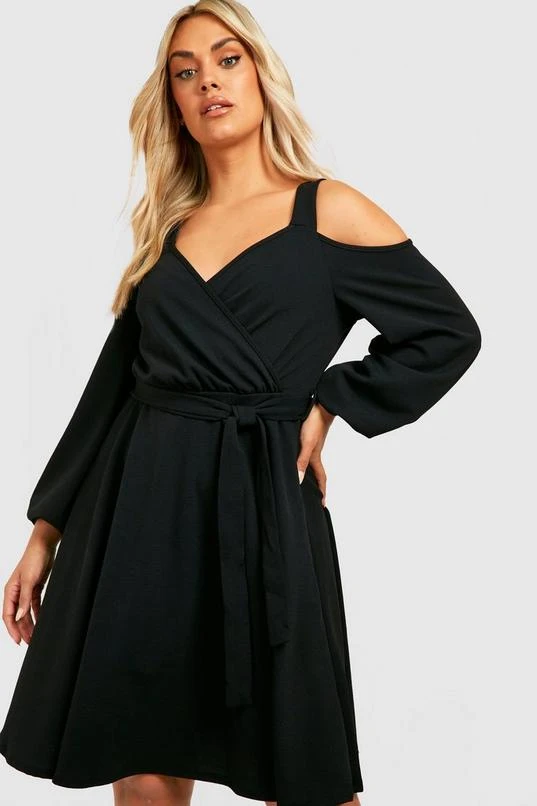 BOOHOO Plus Cold Shoulder Tie Belt Skater Dress 1 BOOHOO Plus Cold Shoulder Tie Belt Skater Dress