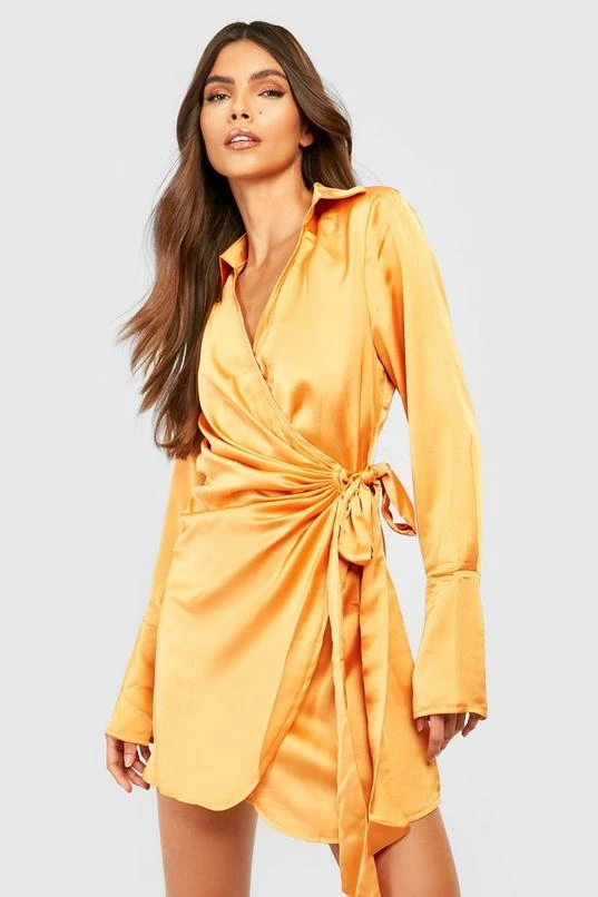 BOOHOO Satin Drape Wrap Shirt Dress 1 BOOHOO Satin Drape Wrap Shirt Dress