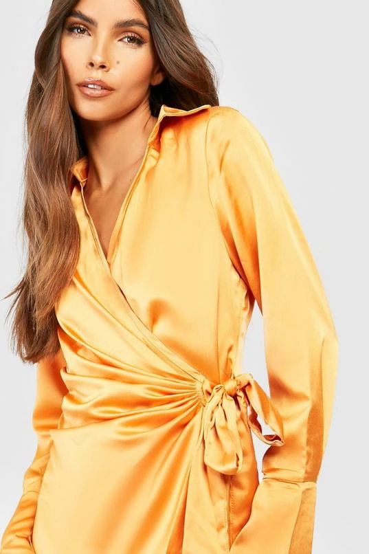 BOOHOO Satin Drape Wrap Shirt Dress 3 BOOHOO Satin Drape Wrap Shirt Dress - Image 3