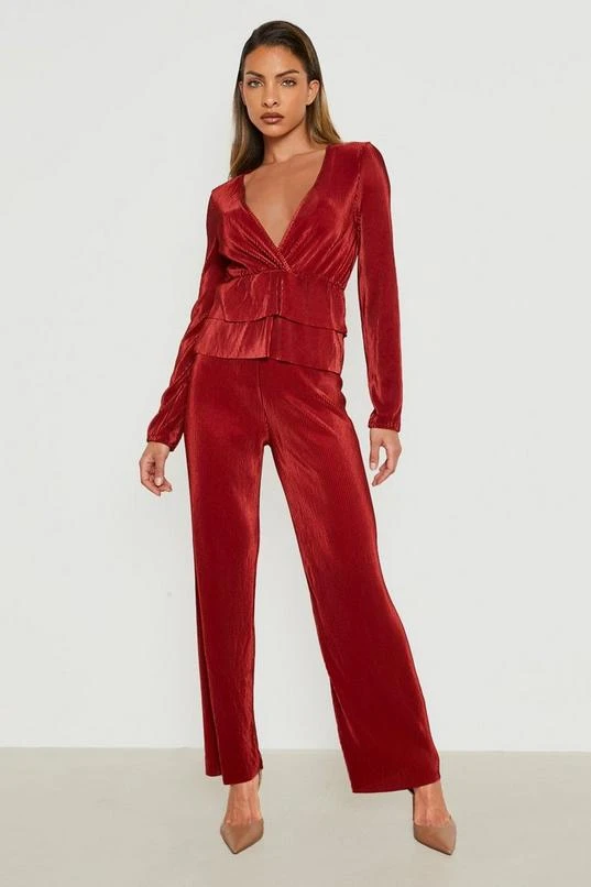 BOOHOO Plisse Peplum Top And Pants Two-Piece 1 BOOHOO Plisse Peplum Top And Pants Two-Piece
