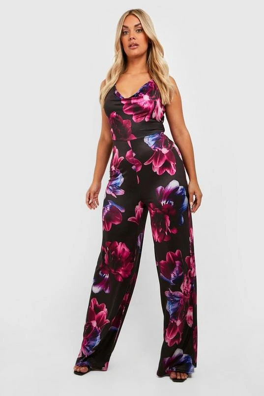 BOOHOO Plus Recycled Slinky Floral Flare Jumpsuit 1 BOOHOO Plus Recycled Slinky Floral Flare Jumpsuit