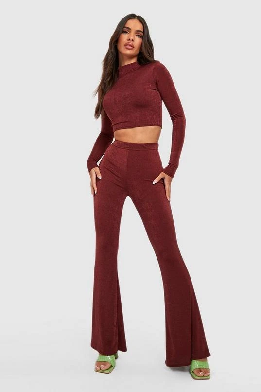 BOOHOO Acetate Slinky High Neck Crop & Flare Pants 1 BOOHOO Acetate Slinky High Neck Crop & Flare Pants