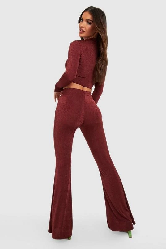 BOOHOO Acetate Slinky High Neck Crop & Flare Pants 2 BOOHOO Acetate Slinky High Neck Crop & Flare Pants - Image 2