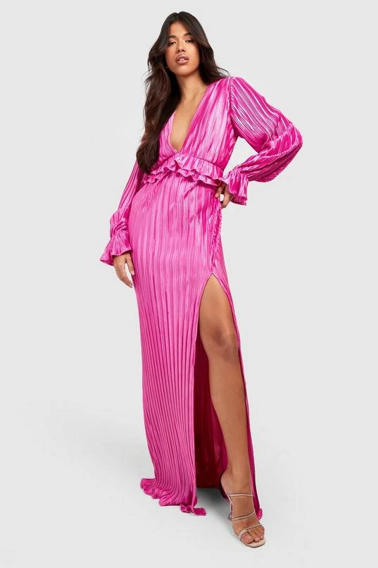 BOOHOO Tall Satin Plisse Ruffle Split Maxi Dress 1 BOOHOO Tall Satin Plisse Ruffle Split Maxi Dress