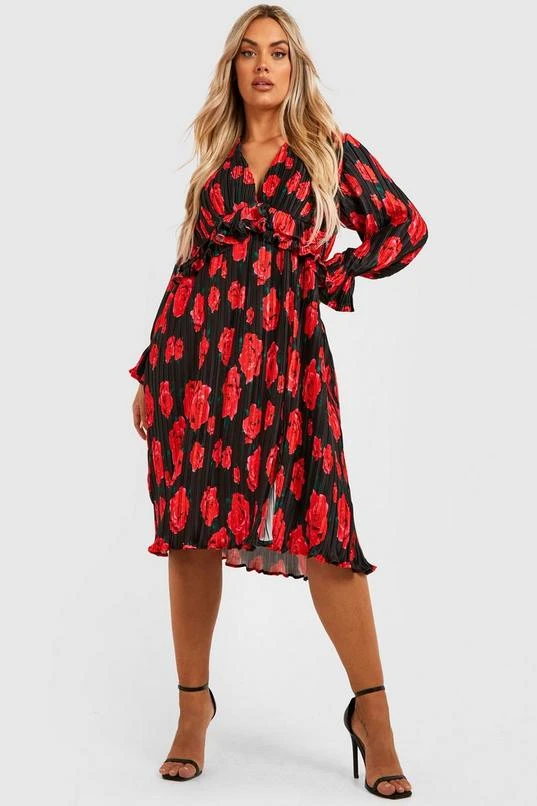 BOOHOO Plus Floral Pleated Satin Plunge Midi Dress 1 BOOHOO Plus Floral Pleated Satin Plunge Midi Dress