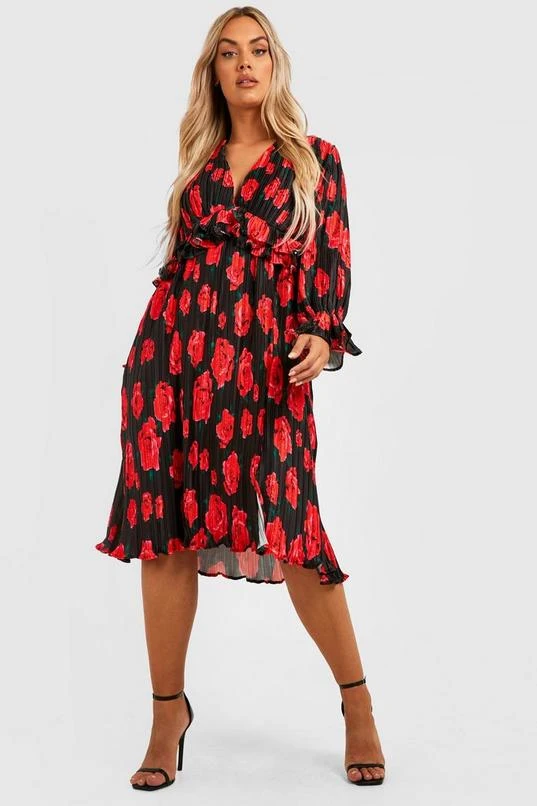 BOOHOO Plus Floral Pleated Satin Plunge Midi Dress 3 BOOHOO Plus Floral Pleated Satin Plunge Midi Dress - Image 3
