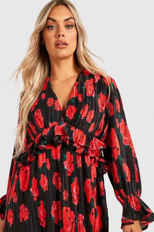 BOOHOO Plus Floral Pleated Satin Plunge Midi Dress 4 BOOHOO Plus Floral Pleated Satin Plunge Midi Dress - Image 4