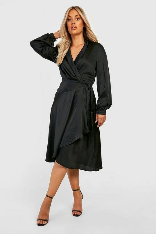 BOOHOO Plus Satin Wrap Detail Midi Skater Dress 1 BOOHOO Plus Satin Wrap Detail Midi Skater Dress