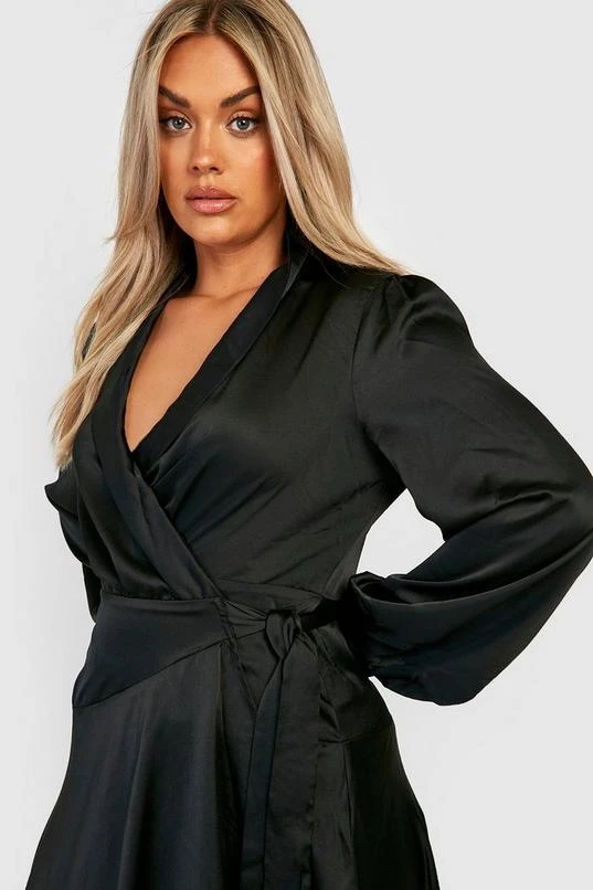 BOOHOO Plus Satin Wrap Detail Midi Skater Dress 3 BOOHOO Plus Satin Wrap Detail Midi Skater Dress - Image 3
