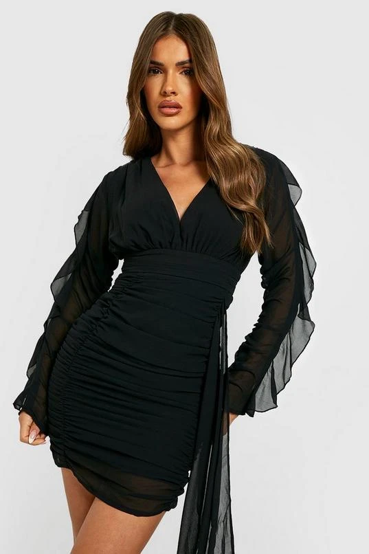 BOOHOO Mesh Detail Ruched Mini Dress 1 BOOHOO Mesh Detail Ruched Mini Dress