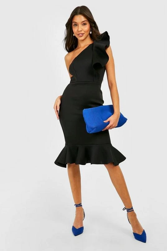 BOOHOO One Shoulder Frill Detail Midi Dress 1 BOOHOO One Shoulder Frill Detail Midi Dress
