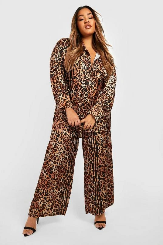 BOOHOO Plus Satin Leopard Print Two-Piece Pants 1 BOOHOO Plus Satin Leopard Print Two-Piece Pants