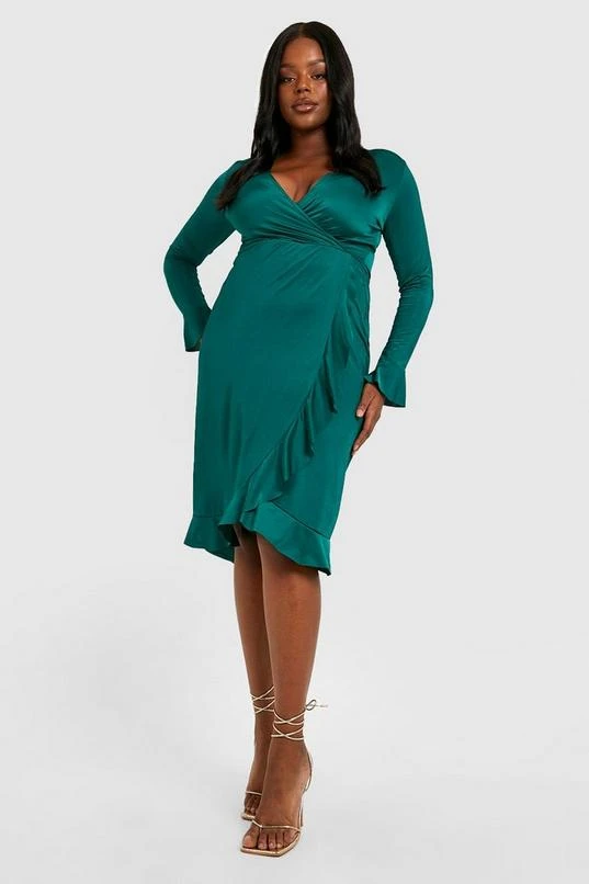 BOOHOO Plus Slinky Ruffle Wrap Midi Dress 3 BOOHOO Plus Slinky Ruffle Wrap Midi Dress - Image 3