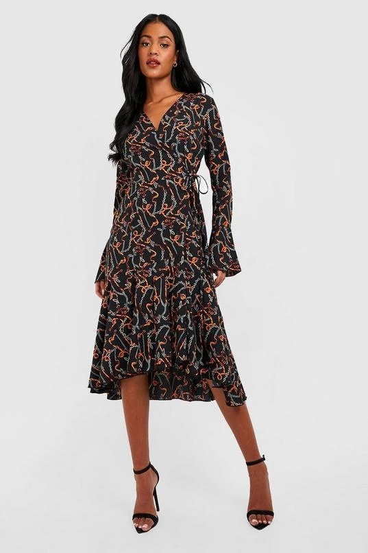 BOOHOO Tall Chain Print Wrap Midi Dress 1 BOOHOO Tall Chain Print Wrap Midi Dress