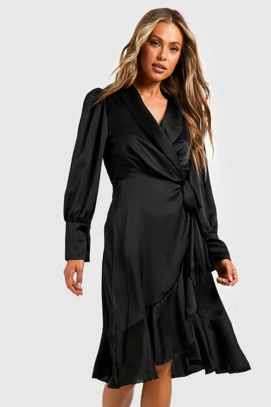 BOOHOO Satin Ruffle Wrap Midi Dress 1 BOOHOO Satin Ruffle Wrap Midi Dress