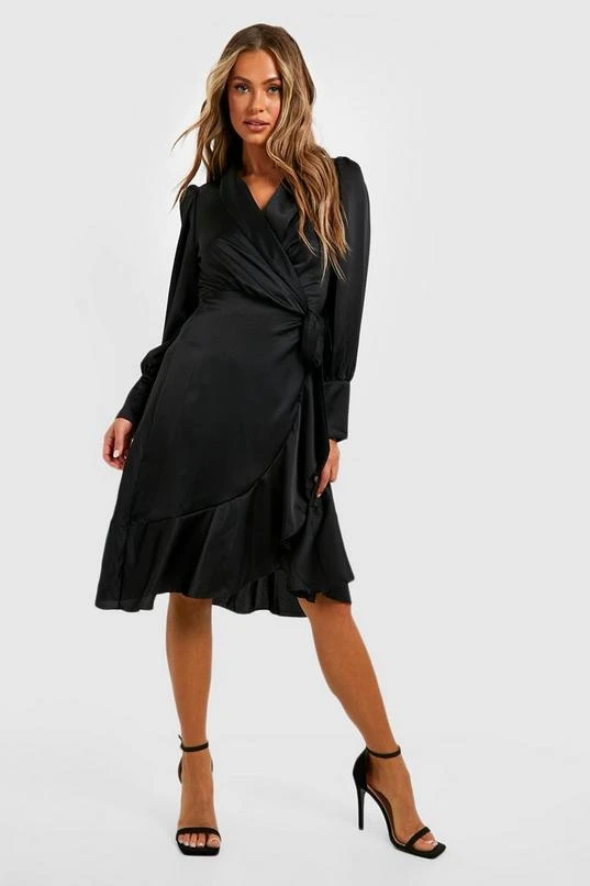 BOOHOO Satin Ruffle Wrap Midi Dress 3 BOOHOO Satin Ruffle Wrap Midi Dress - Image 3