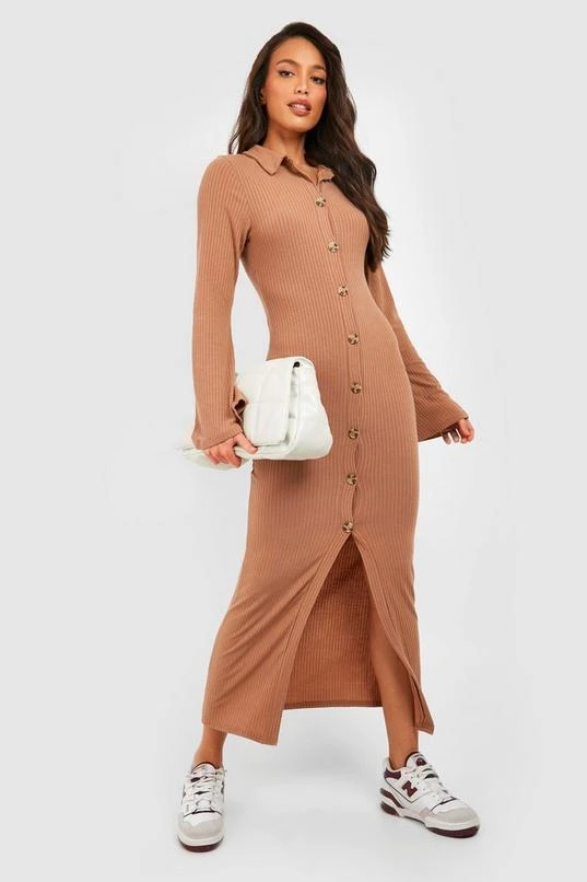 BOOHOO Tall Knitted Rib Flare Sleeve Button Down Midi Dress 1 BOOHOO Tall Knitted Rib Flare Sleeve Button Down Midi Dress
