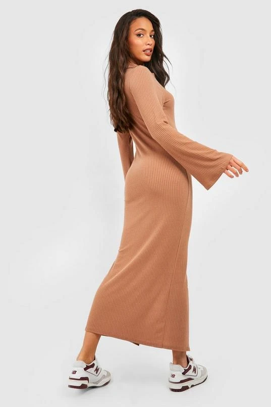 BOOHOO Tall Knitted Rib Flare Sleeve Button Down Midi Dress 2 BOOHOO Tall Knitted Rib Flare Sleeve Button Down Midi Dress - Image 2