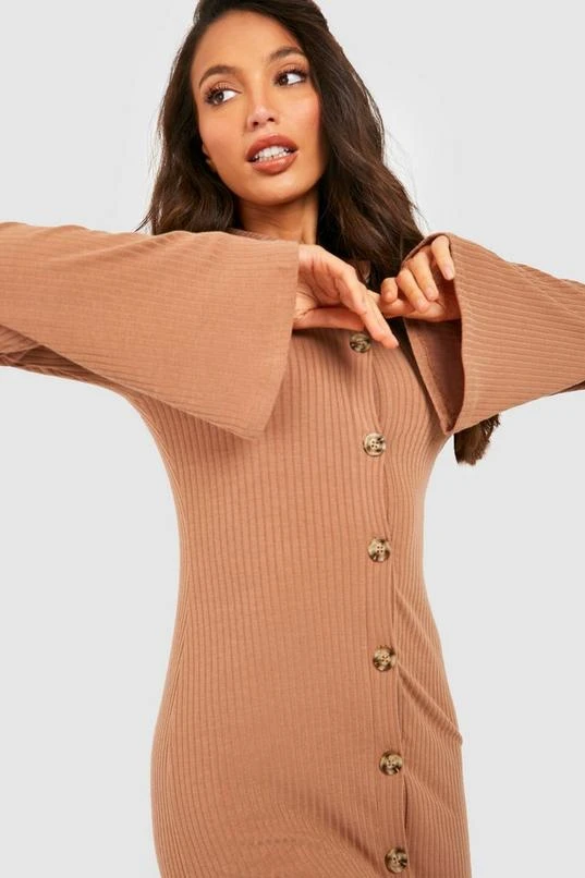BOOHOO Tall Knitted Rib Flare Sleeve Button Down Midi Dress 3 BOOHOO Tall Knitted Rib Flare Sleeve Button Down Midi Dress - Image 3